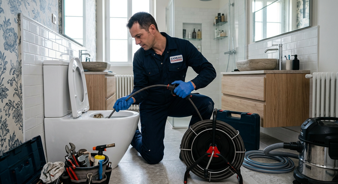 Plombier débouchant des WC avec un furet électrique à Savigny-sur-Orge